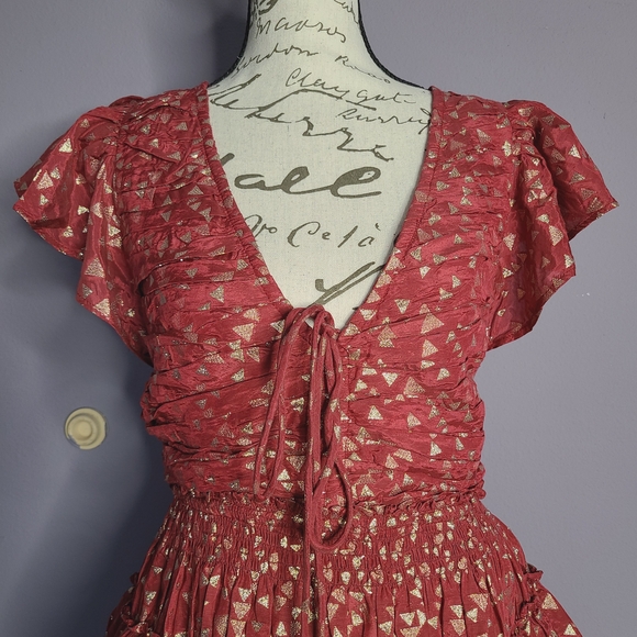 Anthropologie Red And Gold Mini Ruffle Dress - Picture 5 of 15